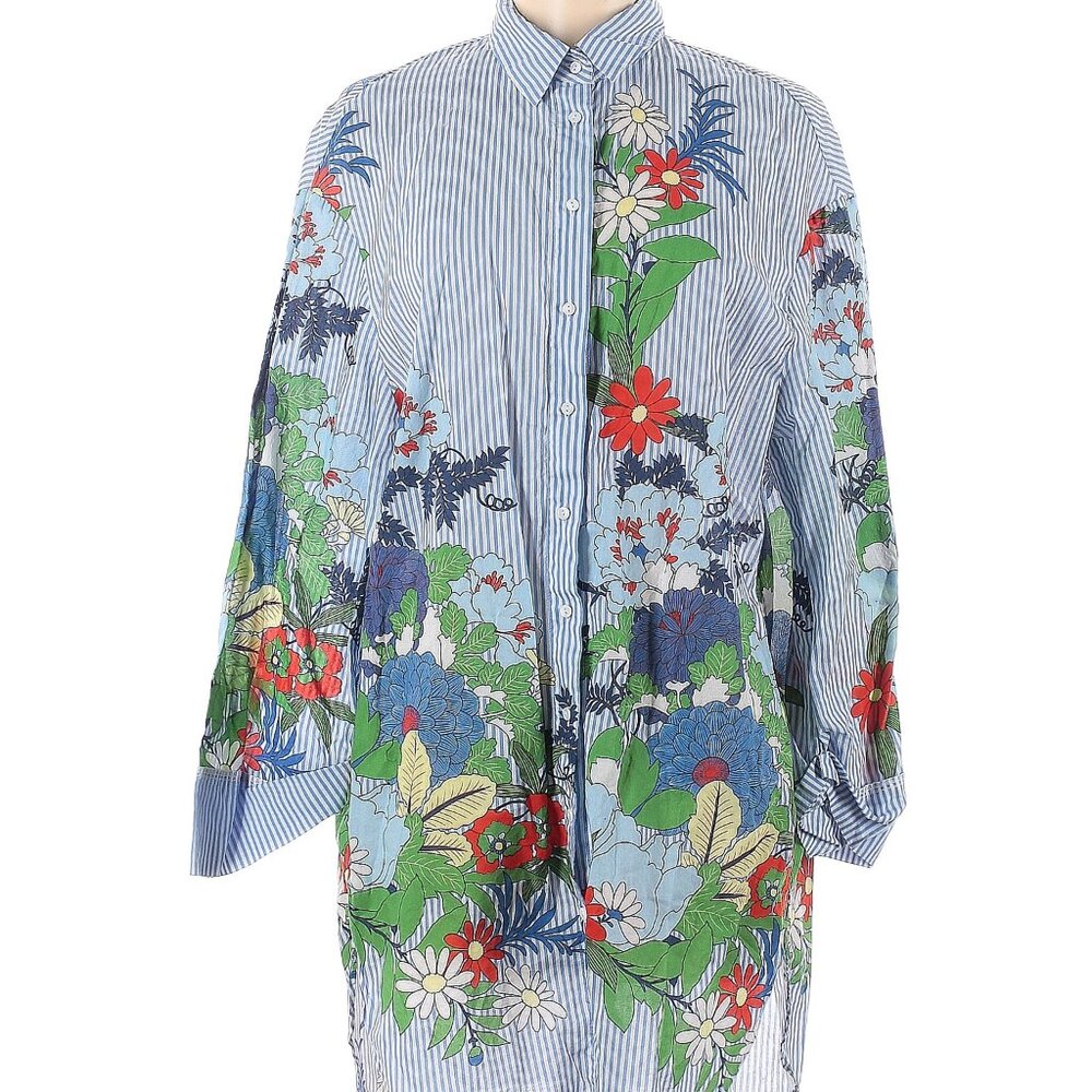 Zara Blue Striped Floral Button-Up Dress Shirt